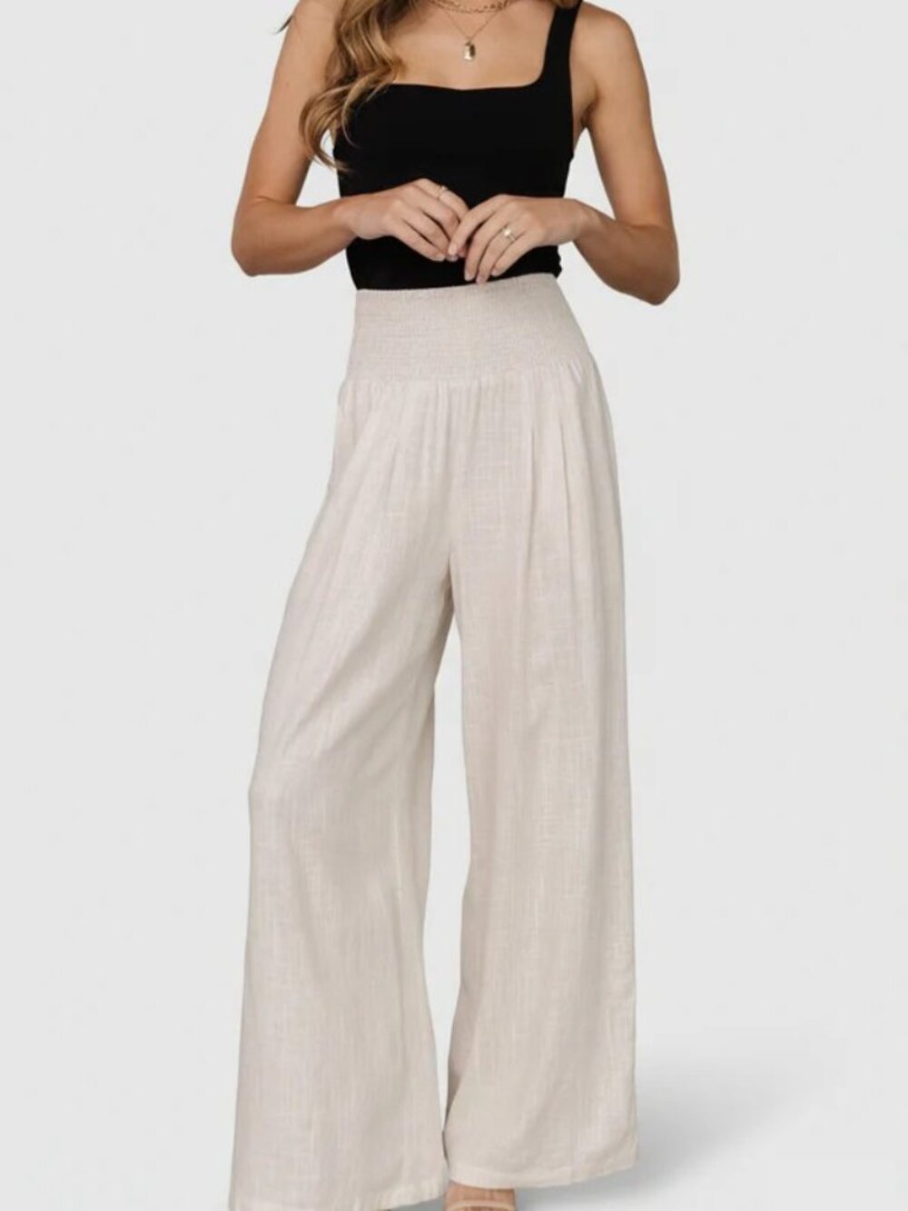 Baltic Born Parvati Smocked Waist Pants Wide Leg High Waisted Beige Size L NWOT